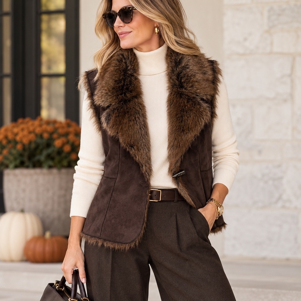 Fever Faux Fur Chocolate Brown Suede Vest Womens Size M Toggle Y2K Boho Chic